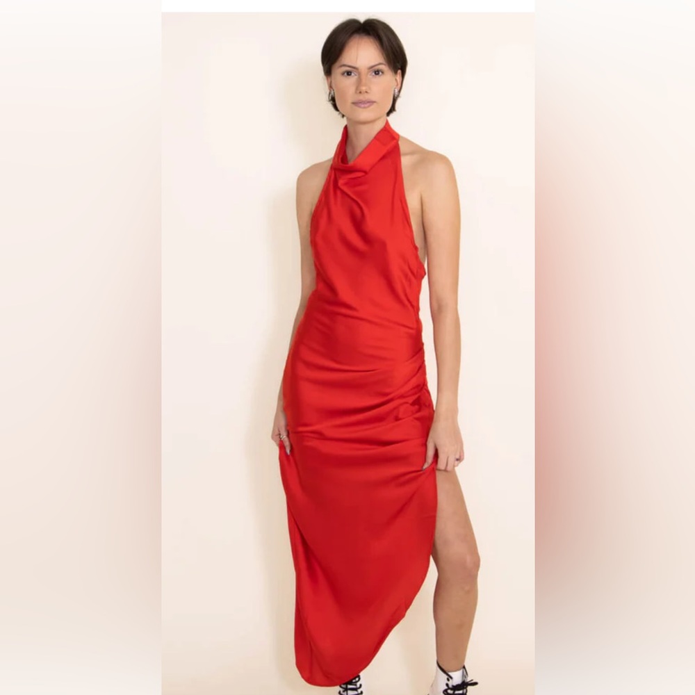 ACOA mid length halter neck silk dress BROWN not red.